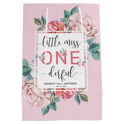 Roze Bloemen Eerste Verjaardag Medium Cadeauzakje (Achterkant)