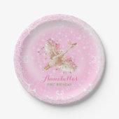 Roze Bloemen Eerste Verjaardag Sprookjeszwaan Papieren Bordje (Voorkant)