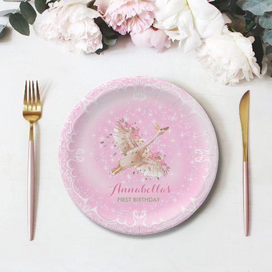 Roze Bloemen Eerste Verjaardag Sprookjeszwaan Papieren Bordje