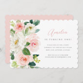 Roze Bloemen Eerste Verjaardag Uitnodiging (Voorkant / Achterkant)