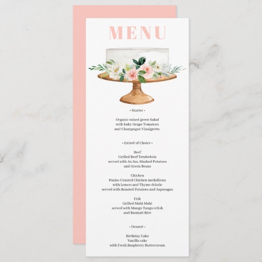 Roze Bloemen Eerste Verjaardagstaart Menu Kaart (Voorkant / Achterkant)