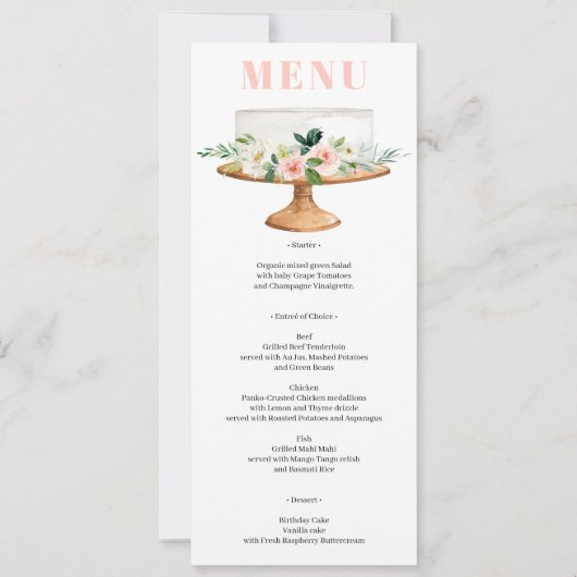 Roze Bloemen Eerste Verjaardagstaart Menu Kaart (Voorkant)