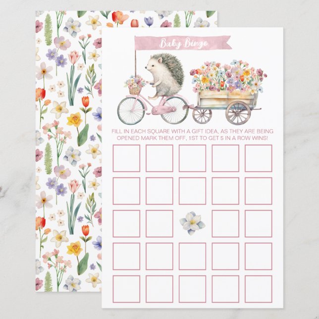 Roze Bloemen Egel Baby shower Bingo Game Kaart (Voorkant / Achterkant)