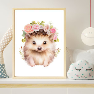 Roze bloemen egel meisjes nursery print poster