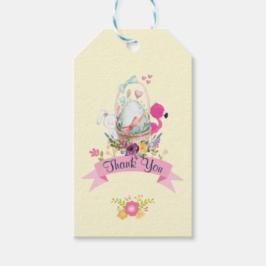 Roze bloemen, eieren, flamingo & Bunny Dank u Cadeaulabel (Voorkant)