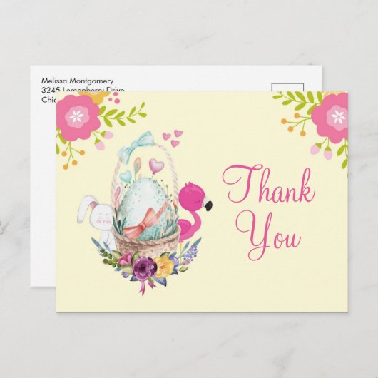 Roze bloemen, eieren, flamingo en Bunny Party Beda Briefkaart (Voorkant / Achterkant)