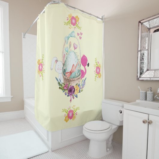 Roze bloemen, eieren, flamingo en Bunny-Waterverf Douchegordijn (In situ)