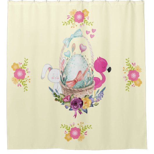 Roze bloemen, eieren, flamingo en Bunny-Waterverf Douchegordijn (Voorkant)