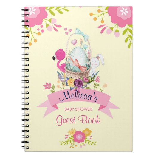Roze bloemen, eieren, flamingo en Bunny-Waterverf Notitieboek (Voorkant)