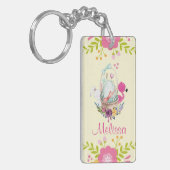Roze bloemen, eieren, flamingo en Bunny-Waterverf Sleutelhanger (Voorkant Links)