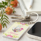 Roze bloemen, eieren, flamingo en Bunny-Waterverf Sleutelhanger (Voorkant Rechts)