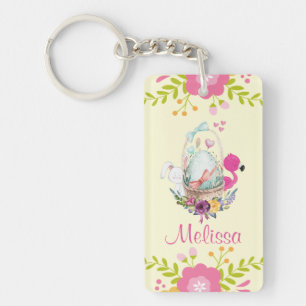 Roze bloemen, eieren, flamingo en Bunny-Waterverf Sleutelhanger