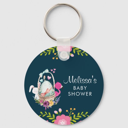 Roze bloemen, eieren, flamingo en Bunny-Waterverf Sleutelhanger (Voorkant)