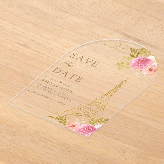 Roze Bloemen Eiffeltoren bruiloft Save the Date Acryl Uitnodigingen (Laagn)