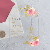 Roze Bloemen Eiffeltoren bruiloft Save the Date Acryl Uitnodigingen