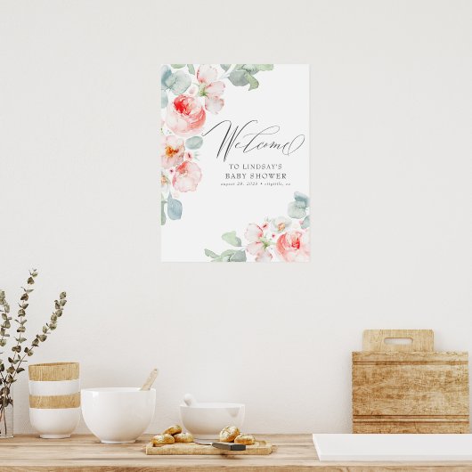 Roze bloemen Elegant Baby shower Welkomstteken Poster (Keuken)