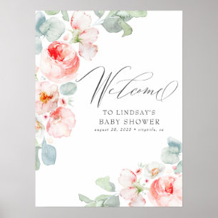 Roze bloemen Elegant Baby shower Welkomstteken Poster