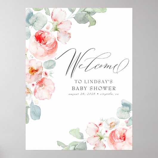 Roze bloemen Elegant Baby shower Welkomstteken Poster (Voorkant)