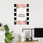 Roze bloemen Elegant Black Stripes Weddenschap Wel Poster (Thuiskantoor)