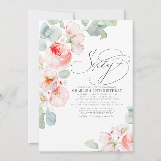 Roze bloemen Elegant Boho 60e verjaardag Kaart (Voorkant)