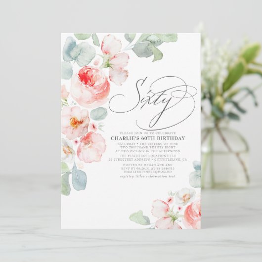 Roze bloemen Elegant Boho 60e verjaardag Kaart (Staand voorkant)