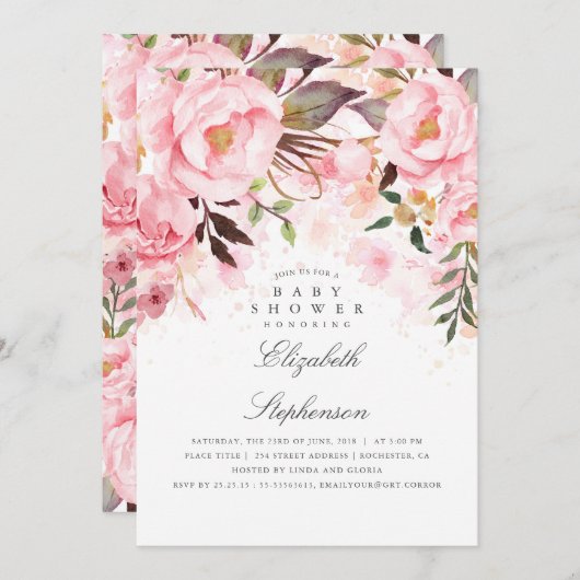 Roze Bloemen Elegant en Modern Baby shower Kaart (Voorkant / Achterkant)