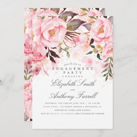 Roze Bloemen Elegant en Modern Engagement Party Kaart (Voorkant / Achterkant)