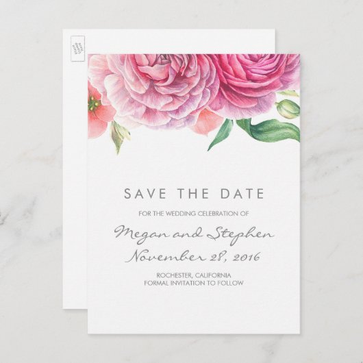 Roze bloemen Elegant en romantisch Save the Date Aankondigingskaart (Voorkant / Achterkant)