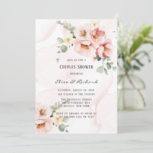 Roze Bloemen Elegant Eucalyptus Couples Douche Kaart (Staand voorkant)