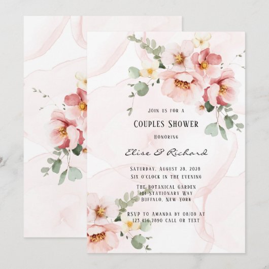 Roze Bloemen Elegant Eucalyptus Couples Douche Kaart (Voorkant / Achterkant)