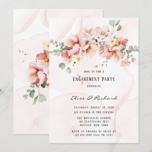 Roze Bloemen Elegant Eucalyptus Verlovingsfeest Kaart (Voorkant / Achterkant)