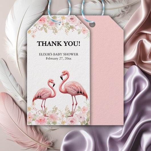Roze Bloemen Elegant Flamingo Baby shower Cadeaulabel