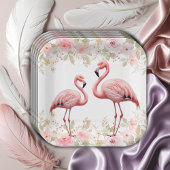 Roze Bloemen Elegant Flamingo Baby shower Papieren Bordje