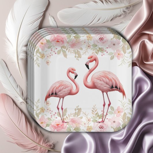 Roze Bloemen Elegant Flamingo Baby shower Papieren Bordje