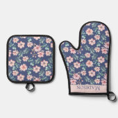 Roze bloemen Elegant patroon Ovenwant & Pannenlap Set (Voorkant)