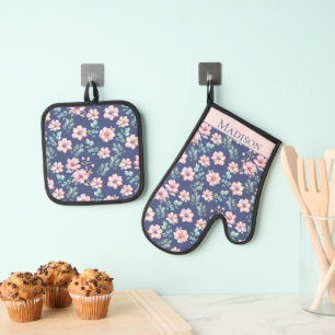 Roze bloemen Elegant patroon Ovenwant & Pannenlap Set