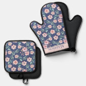 Roze bloemen Elegant patroon Ovenwant & Pannenlap Set (Voorkant / Achterkant)