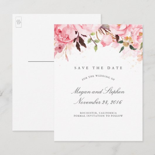 Roze Bloemen Elegant Save the Date Aankondigingskaart (Voorkant / Achterkant)