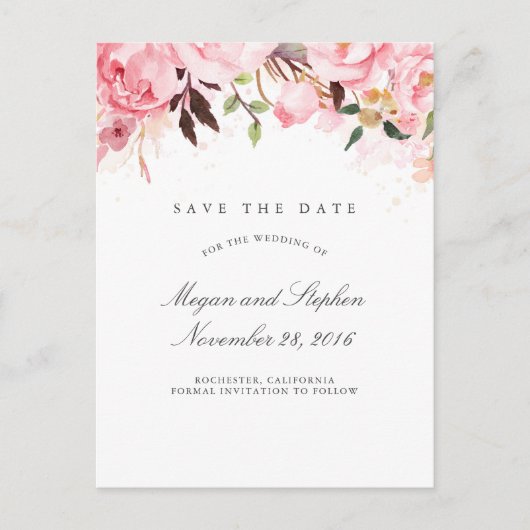 Roze Bloemen Elegant Save the Date Aankondigingskaart (Voorkant)