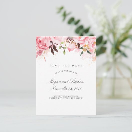Roze Bloemen Elegant Save the Date Aankondigingskaart (Staand voorkant)