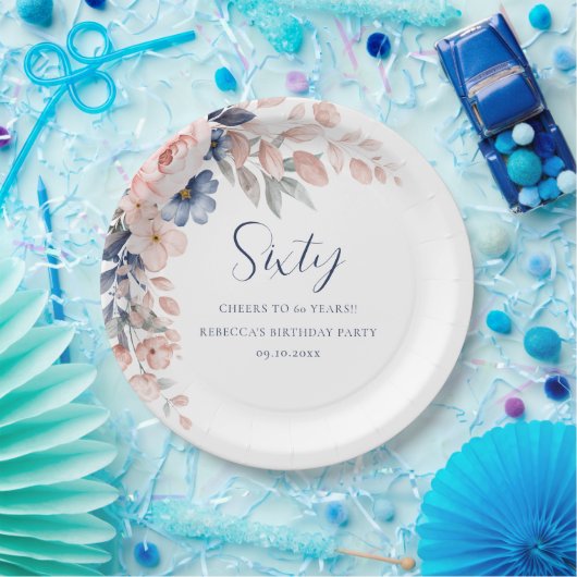 Roze Bloemen Elegant Script 60e Verjaardag Papieren Bordje (Feest)