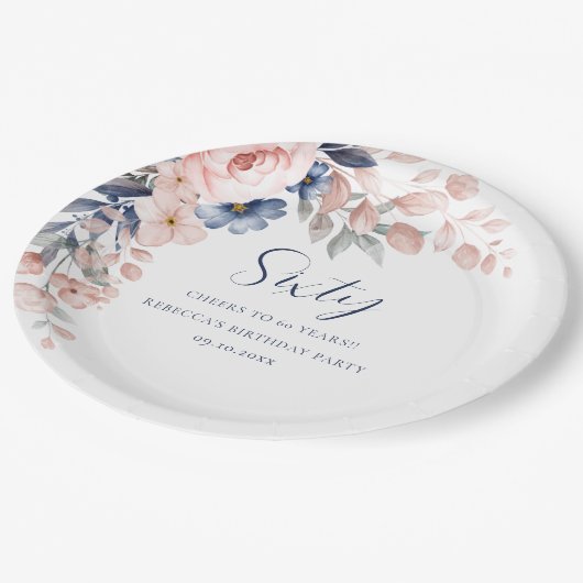Roze Bloemen Elegant Script 60e Verjaardag Papieren Bordje (Gekanteld)