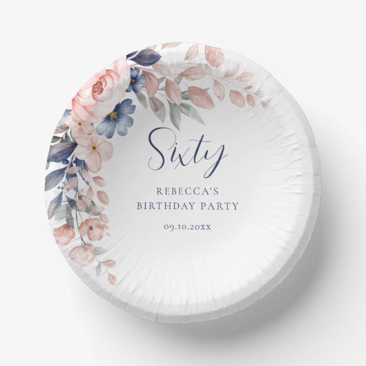 Roze Bloemen Elegant Script 60e Verjaardag Papieren Kommen (Voorkant)