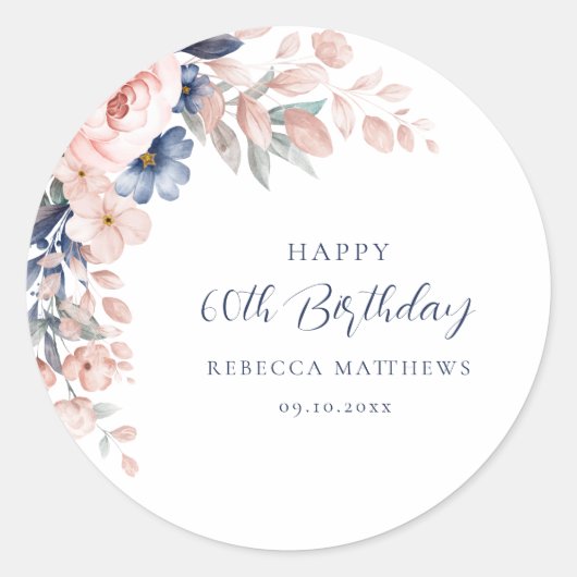 Roze Bloemen Elegant Script 60th Verjaardag Elke l Ronde Sticker (Voorkant)