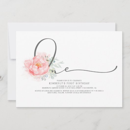 Roze Bloemen Elegant Script Typografie 1e Verjaard Kaart (Voorkant)