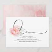 Roze Bloemen Elegant Script Typografie 1e Verjaard Kaart (Voorkant / Achterkant)