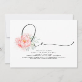 Roze Bloemen Elegant Script Typografie 1e Verjaard Kaart