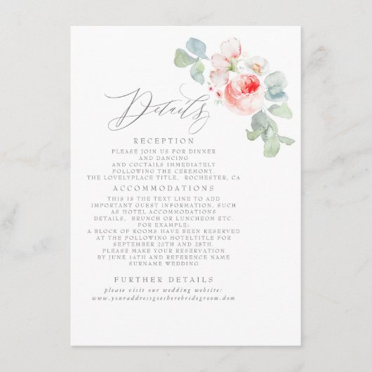 Roze bloemen Elegant Weddenschap Informatie Informatiekaartje (Voorkant)