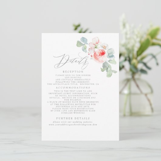 Roze bloemen Elegant Weddenschap Informatie Informatiekaartje (Staand voorkant)