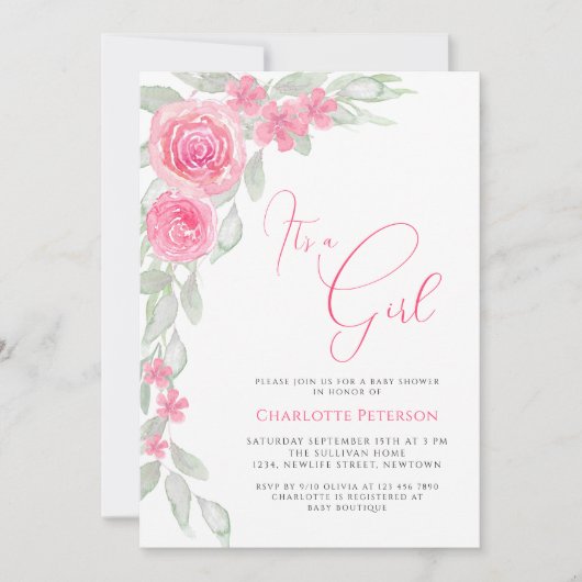 Roze Bloemen Elegante Boho Het is een Meisje Baby  Kaart (Voorkant)